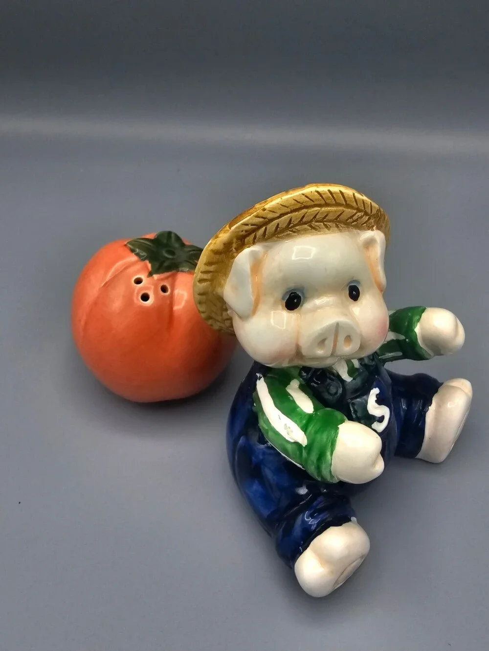 Vintage Ceramic Pig Farmer and Tomato Salt and Pepper Shakers